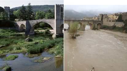 (l) The Roman bridge in Besalú in 2015, and on Wednesday.