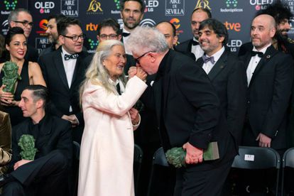 Actress Benedicta Sánchez is congratulated by Pedro Almodóvar.