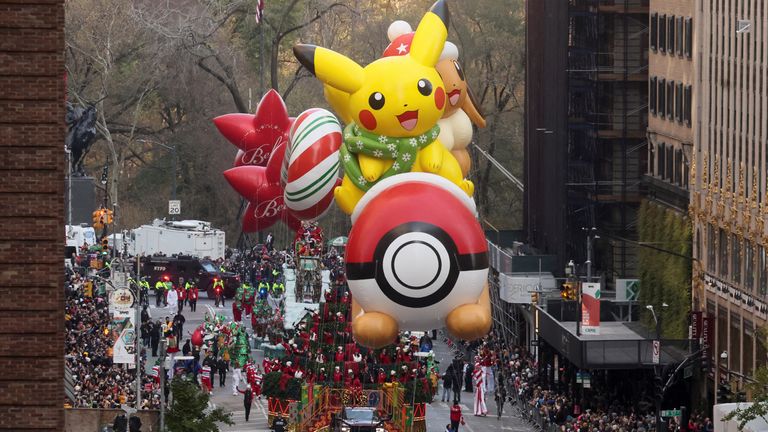 Pikachu and Eeevee balloon flies during the 96th Macy's Thanksgiving Day Parade in Manhattan, New York City, U.S., November 24, 2022. REUTERS/Brendan McDermid