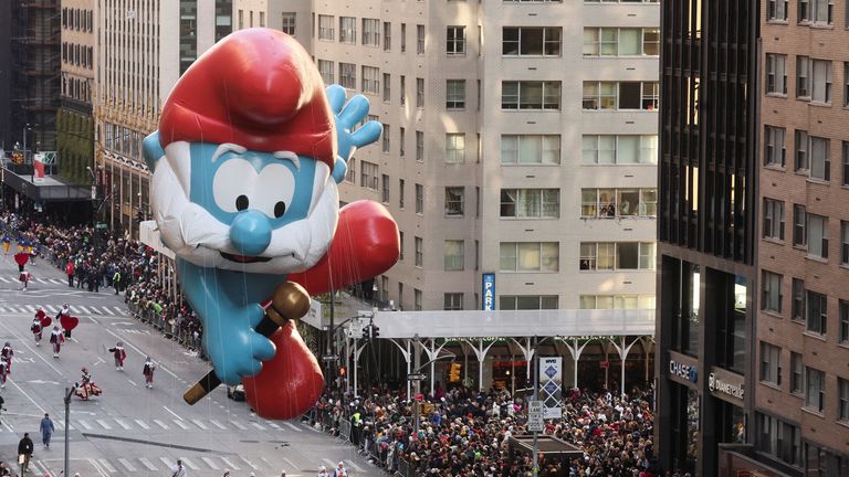 The Smurfs balloon balloon flies during the 96th Macy's Thanksgiving Day Parade in Manhattan, New York City, U.S., November 24, 2022. REUTERS/Brendan McDermid