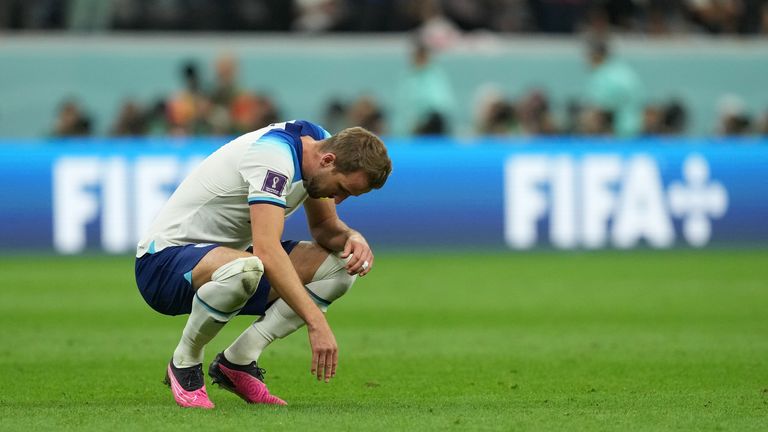 England's Harry Kane appears dejected following defeat after the FIFA World Cup Quarter-Final match at the Al Bayt Stadium in Al Khor, Qatar. Picture date: Saturday December 10, 2022.