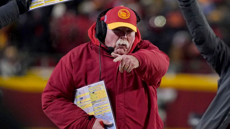 Kansas City Chiefs head coach Andy Reid gestures during the first half of the team's NFL wild-card playoff football game against the Miami Dolphins Saturday, Jan. 13, 2024, in Kansas City, Mo. (AP Photo/Ed Zurga)
