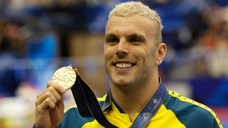 Fukuoka 2023 World Aquatics Championships July 27, 2023 Gold medallist Australia's Kyle Chalmers celebrates on the podium during the men's 100m freestyle final medal ceremony Pic: Reuters