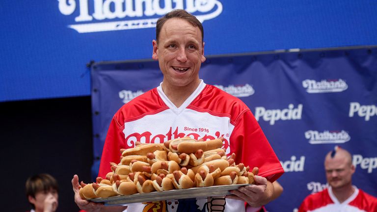 World Champion Joey Chestnut during the weigh-in ceremony ahead of 2023 Nathan's Famous Fourth of July International Hot Dog Eating Contest in Coney Island File pic: Reuters