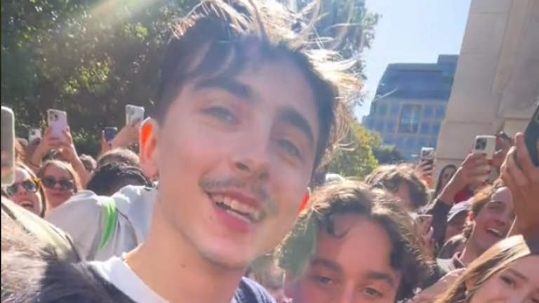 Actor Timothée Chalamet makes a surprise appearance at his own look-alike contest in Lower Manhattan 27/10/2024. Screengrab from tiktok video https://vm.tiktok.com/ZGd8YPPAc/ used with permission jadiecakes_