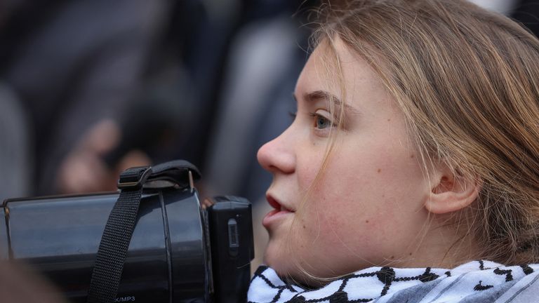 Swedish environmental activist Greta Thunberg takes part in a protest in front of the United Nations office building in Yerevan, Armenia, November 15, 2024. Vahram Baghdasaryan/Photolure via REUTERS ATTENTION EDITORS - THIS IMAGE HAS BEEN SUPPLIED BY A THIRD PARTY.