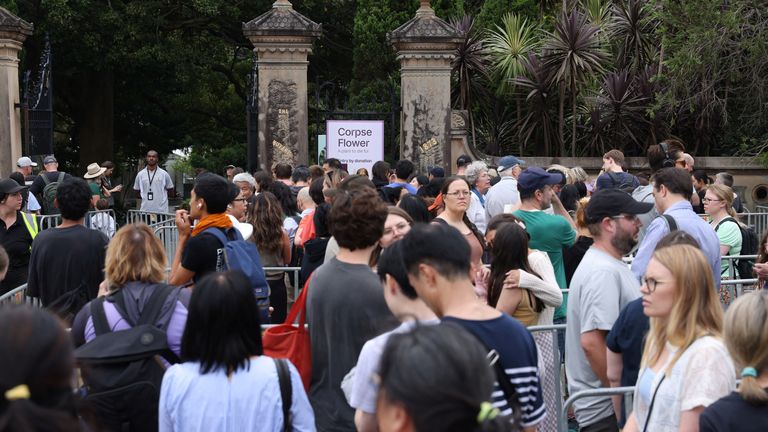 People line up to view the blossoming Bunga Bangkai, nicknamed the 'corpse flower' for its stench, in Sydney, Australia. Pic: Reuters