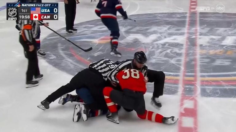 Source: SNTV No archive. No use after 18/02/2025 Still from footage of NHL game between United States and Canada at the 4 Nations Face-Off in Montreal. match started with three fights in the first nine seconds