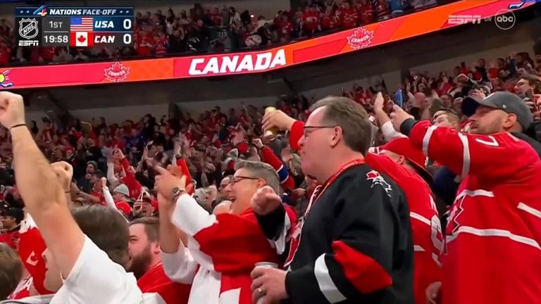 Source: SNTV No archive. No use after 18/02/2025 Still from footage of NHL game between United States and Canada at the 4 Nations Face-Off in Montreal. match started with three fights in the first nine seconds