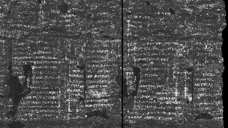 This undated image made available by Vesuvius Challenge shows an X-ray scan of part of papyrus scroll PHerc.172, showing the word 'disgust', one of hundreds of papyrus scrolls found amid the remains of a lavish villa at the Roman town of Herculaneum, which along with neighboring Pompeii was destroyed when Mt. Vesuvius erupted in A.D. 79. (Vesuvius Challenge via AP)